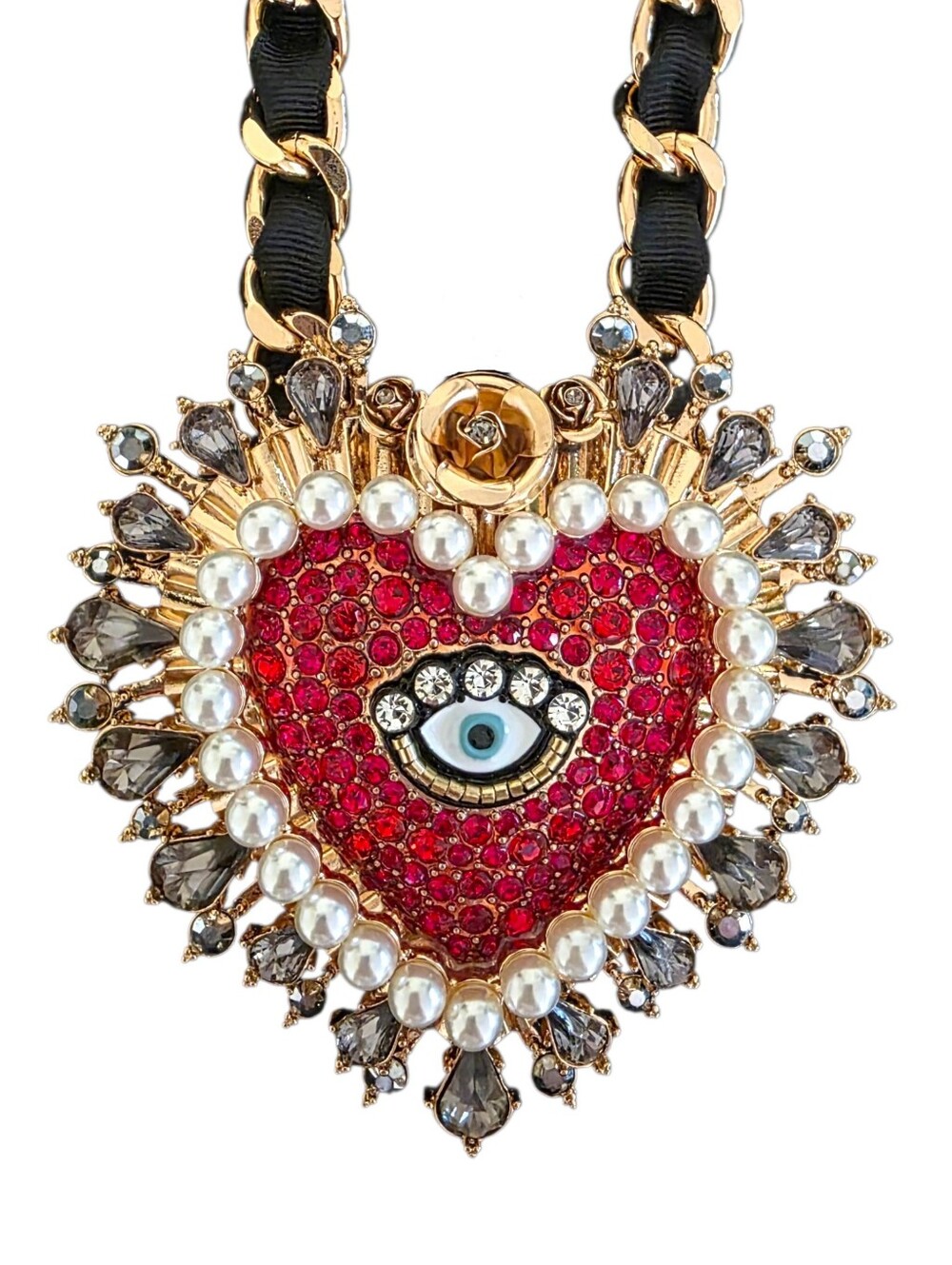NEW Betsey Johnson Rockin Riches Heart Statement Gold Necklace Crystal Evil Eye